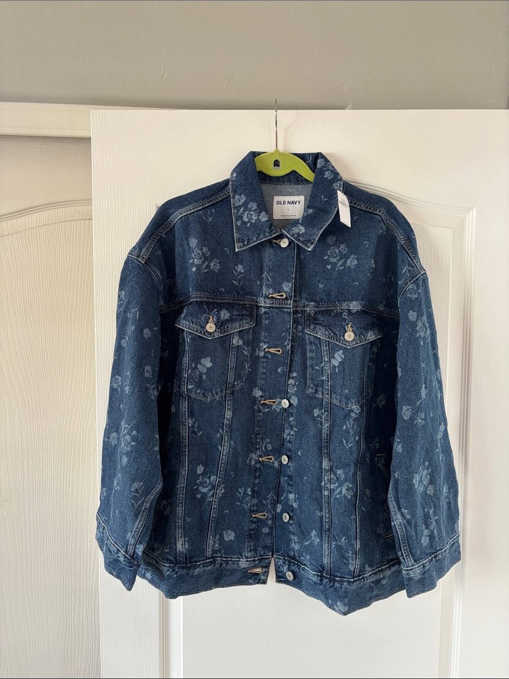 NWT Old Navy Dark Blue Floral Oversized Trucker Denim Jacket - Women's SZ L